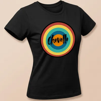 Retro circular Chevelle t-shirt in multi-colored print — printed on a women's shirt