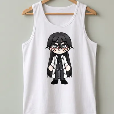 Chibi Hirose Shingo illustration in blue, black, white, and red colors — printed on a tank top