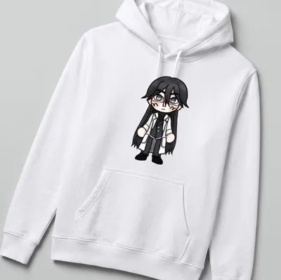 Chibi Hirose Shingo illustration in blue, black, white, and red colors — printed on a unisex hoodie
