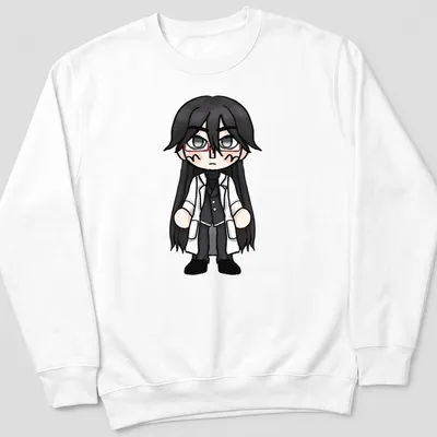 Chibi Hirose Shingo illustration in blue, black, white, and red colors — printed on a unisex sweatshirt