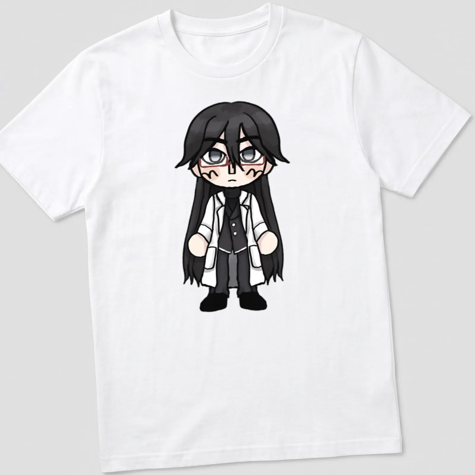 Chibi Hirose Shingo illustration in blue, black, white, and red colors — printed on a unisex t-shirt