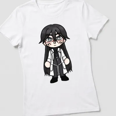 Chibi Hirose Shingo illustration in blue, black, white, and red colors — printed on a women's shirt