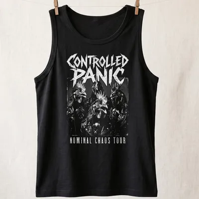 Chickens in a quirky rock band style on a shirt reading 'Controlled Panic Nominal Chaos Tour' in black and white — printed on a tank top