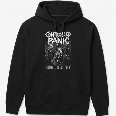 Chickens in a quirky rock band style on a shirt reading 'Controlled Panic Nominal Chaos Tour' in black and white — printed on a unisex hoodie