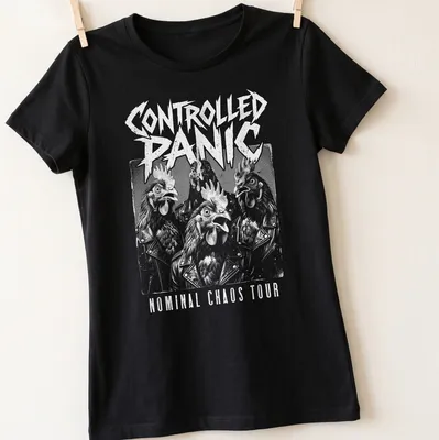 Chickens in a quirky rock band style on a shirt reading 'Controlled Panic Nominal Chaos Tour' in black and white — printed on a women's shirt