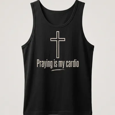 Minimalist design featuring a Christian cross and text about prayer as cardio — printed on a tank top