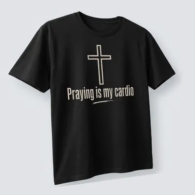 Minimalist design featuring a Christian cross and text about prayer as cardio — printed on a unisex t-shirt (angled view)