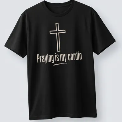 Minimalist design featuring a Christian cross and text about prayer as cardio — printed on a unisex t-shirt