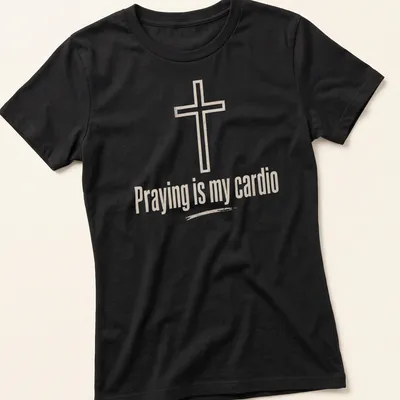 Minimalist design featuring a Christian cross and text about prayer as cardio — printed on a women's shirt