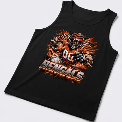 Dynamic comic-style illustration of a Cincinnati Bengals player running with a football — printed on a tank top