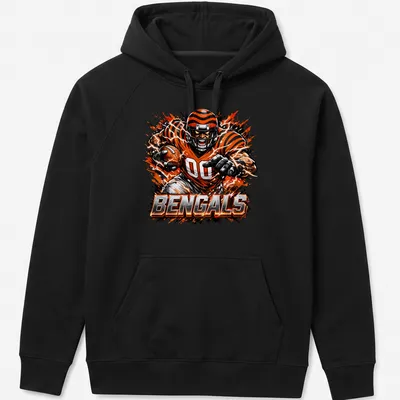 Dynamic comic-style illustration of a Cincinnati Bengals player running with a football — printed on a unisex hoodie