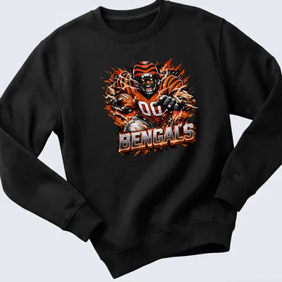 Dynamic comic-style illustration of a Cincinnati Bengals player running with a football — printed on a unisex sweatshirt