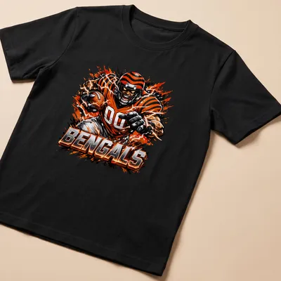 Dynamic comic-style illustration of a Cincinnati Bengals player running with a football