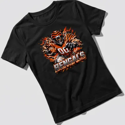 Dynamic comic-style illustration of a Cincinnati Bengals player running with a football — printed on a women's shirt