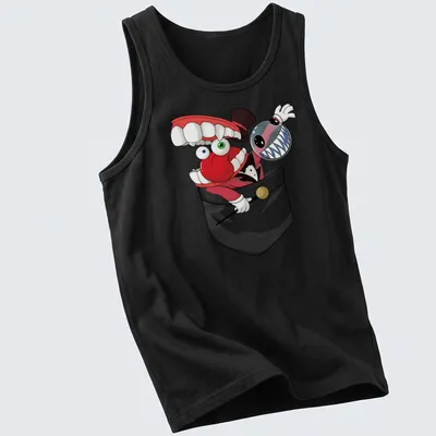 Cartoon circus characters with big teeth in vibrant colors — printed on a tank top