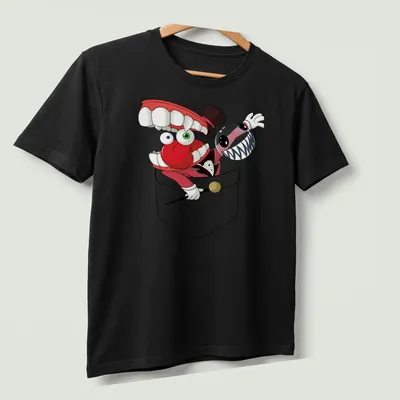 Cartoon circus characters with big teeth in vibrant colors — printed on a unisex t-shirt (angled view)