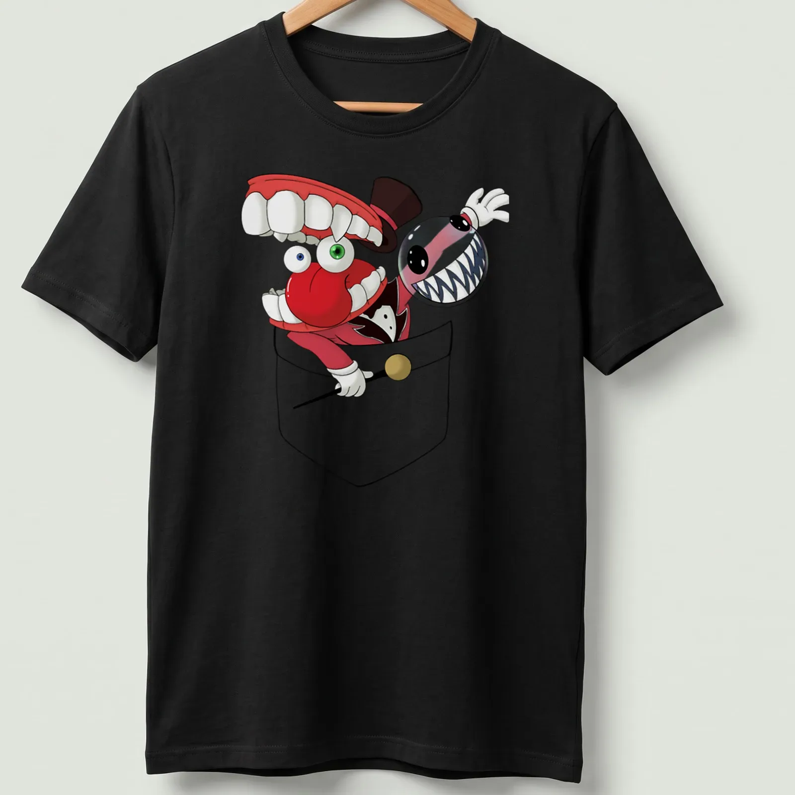 Cartoon circus characters with big teeth in vibrant colors — printed on a unisex t-shirt