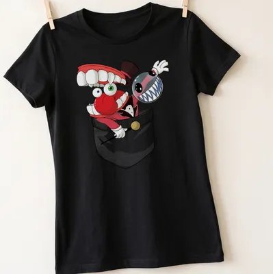 Cartoon circus characters with big teeth in vibrant colors — printed on a women's shirt
