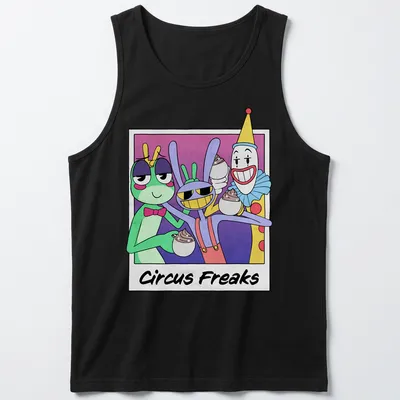 Colorful cartoon Circus Freaks t-shirt featuring various circus characters — printed on a tank top
