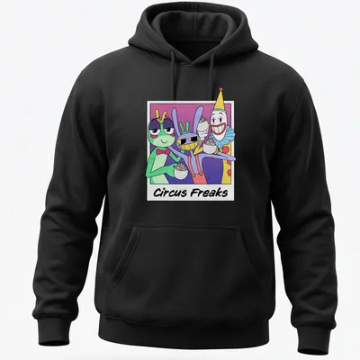 Colorful cartoon Circus Freaks t-shirt featuring various circus characters — printed on a unisex hoodie