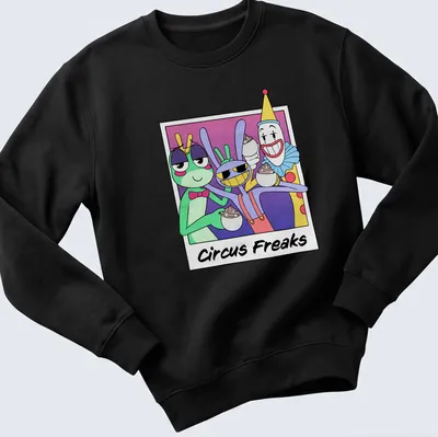 Colorful cartoon Circus Freaks t-shirt featuring various circus characters — printed on a unisex sweatshirt