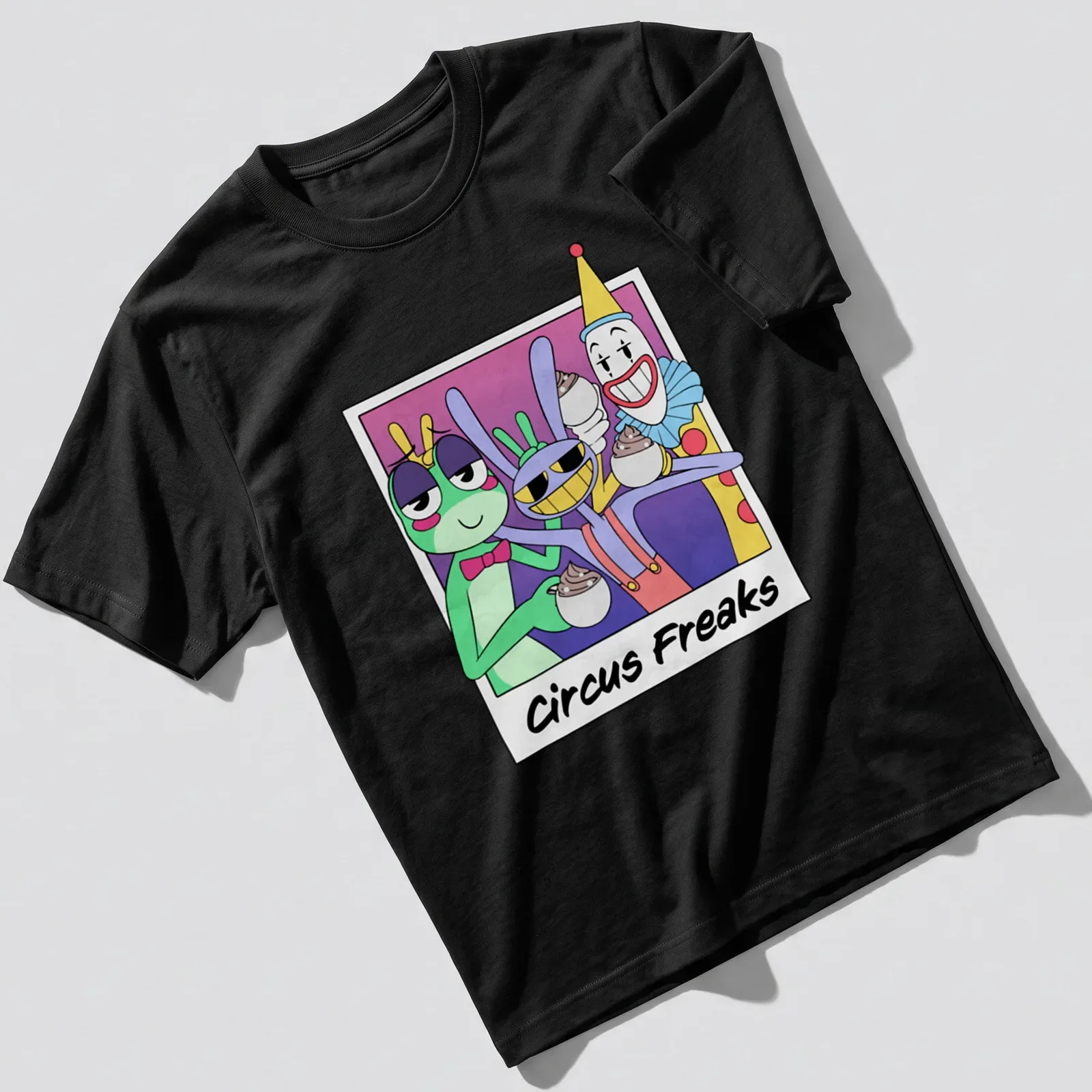 Colorful cartoon Circus Freaks t-shirt featuring various circus characters — printed on a unisex t-shirt