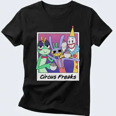 Colorful cartoon Circus Freaks t-shirt featuring various circus characters — printed on a women's shirt