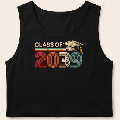 Retro distressed Class of 2039 T-shirt featuring a graduation cap graphic — printed on a tank top