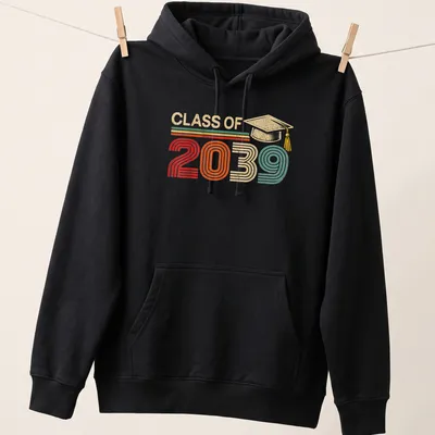 Retro distressed Class of 2039 T-shirt featuring a graduation cap graphic — printed on a unisex hoodie