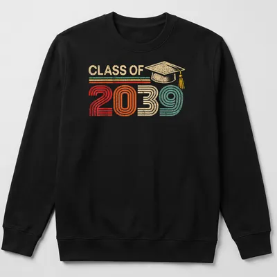 Retro distressed Class of 2039 T-shirt featuring a graduation cap graphic — printed on a unisex sweatshirt