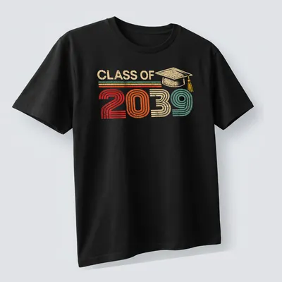 Retro distressed Class of 2039 T-shirt featuring a graduation cap graphic — printed on a unisex t-shirt (angled view)