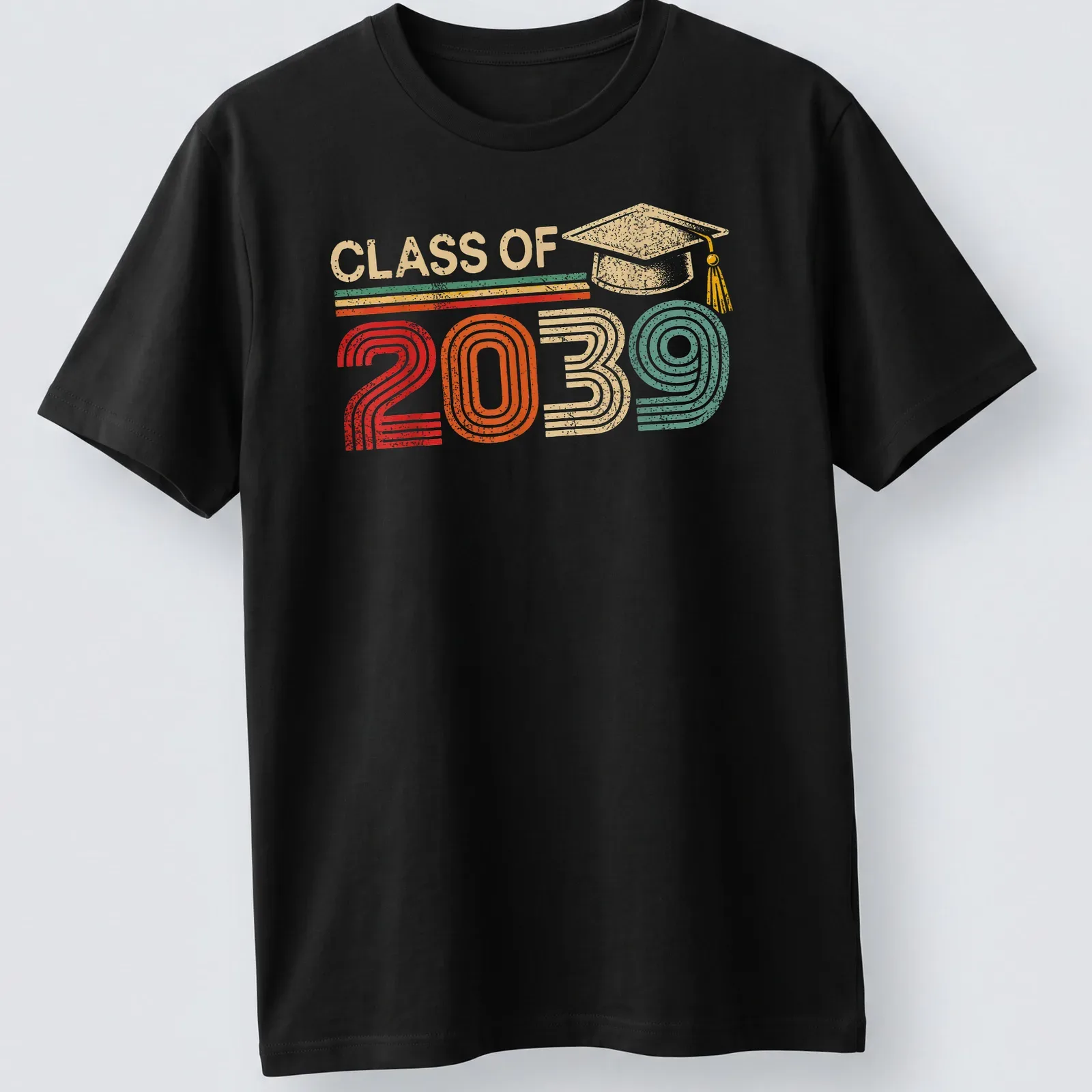 Retro distressed Class of 2039 T-shirt featuring a graduation cap graphic — printed on a unisex t-shirt