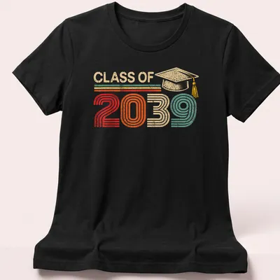 Retro distressed Class of 2039 T-shirt featuring a graduation cap graphic — printed on a women's shirt