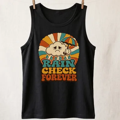 Retro groovy print of a cloud with an umbrella and text 'Rain Check Forever' — printed on a tank top