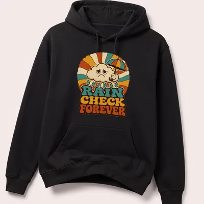 Retro groovy print of a cloud with an umbrella and text 'Rain Check Forever' — printed on a unisex hoodie