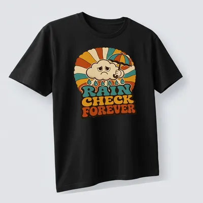 Retro groovy print of a cloud with an umbrella and text 'Rain Check Forever' — printed on a unisex t-shirt (angled view)