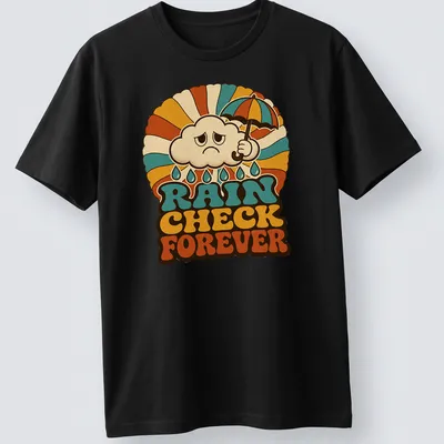 Retro groovy print of a cloud with an umbrella and text 'Rain Check Forever'