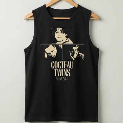 Minimalist Cocteau Twins t-shirt with white text on a cream background — printed on a tank top