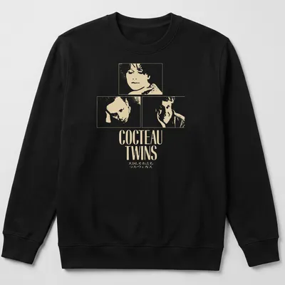 Minimalist Cocteau Twins t-shirt with white text on a cream background — printed on a unisex sweatshirt