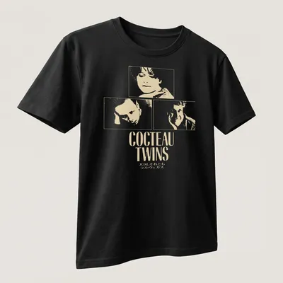 Minimalist Cocteau Twins t-shirt with white text on a cream background — printed on a unisex t-shirt (angled view)