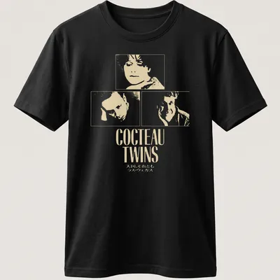 Minimalist Cocteau Twins t-shirt with white text on a cream background