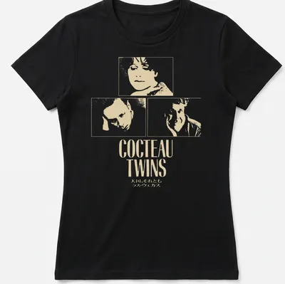 Minimalist Cocteau Twins t-shirt with white text on a cream background — printed on a women's shirt