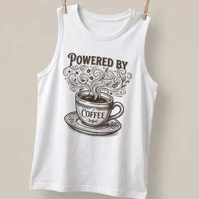 Vintage coffee cup design with text 'Powered By Coffee' in brown and cream — printed on a tank top