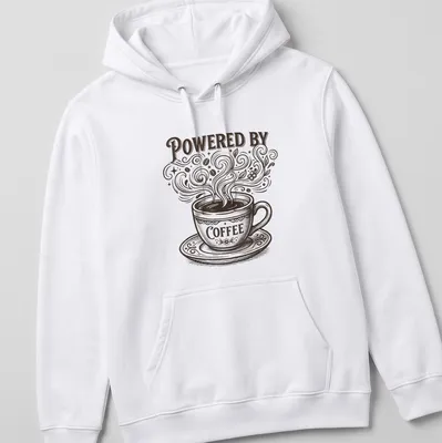 Vintage coffee cup design with text 'Powered By Coffee' in brown and cream — printed on a unisex hoodie