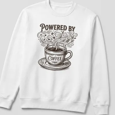Vintage coffee cup design with text 'Powered By Coffee' in brown and cream — printed on a unisex sweatshirt