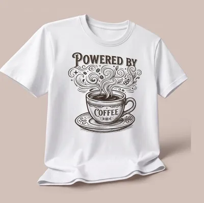 Vintage coffee cup design with text 'Powered By Coffee' in brown and cream — printed on a unisex t-shirt (angled view)