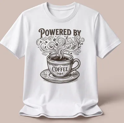 Vintage coffee cup design with text 'Powered By Coffee' in brown and cream