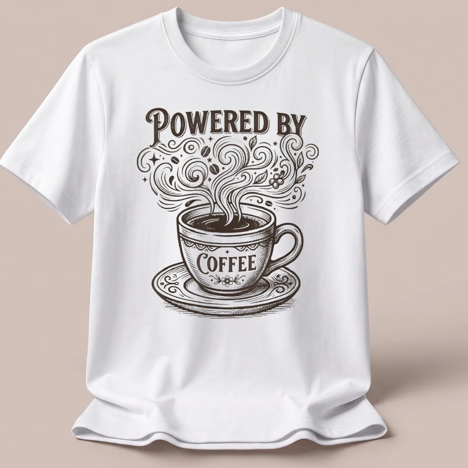 Vintage coffee cup design with text 'Powered By Coffee' in brown and cream — printed on a unisex t-shirt
