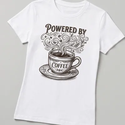 Vintage coffee cup design with text 'Powered By Coffee' in brown and cream — printed on a women's shirt