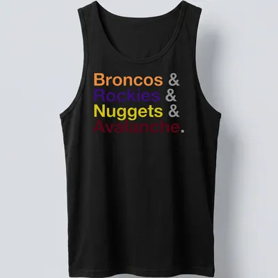 Bold typography t-shirt displaying Colorado sports teams in vibrant colors — printed on a tank top